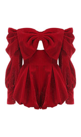 VELVET STRAPLESS JUMPSUIT IN RED